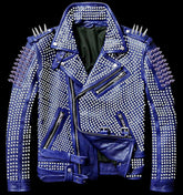 Women's Blue Full Silver Studded, Brando Biker Clothing, Cowhide Leather Belted Jacket, Personalized Steampunk Spiked Studs,